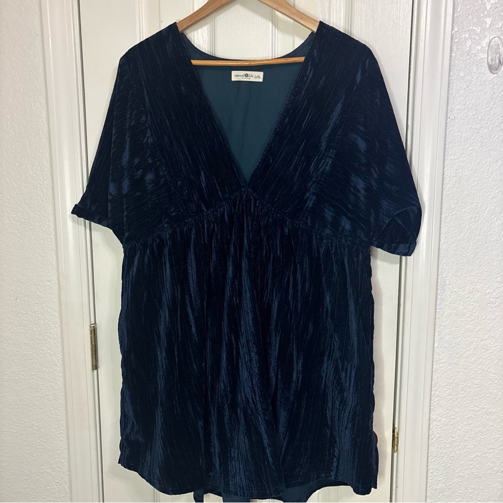 Natural Life Dress L/ XL BabyDoll Crushed Velvet Oversized Holiday Party Blue
